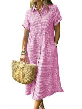 Women's Casual Plaid Button Down Shirt Dress Short Sleeve Gingham Midi Long